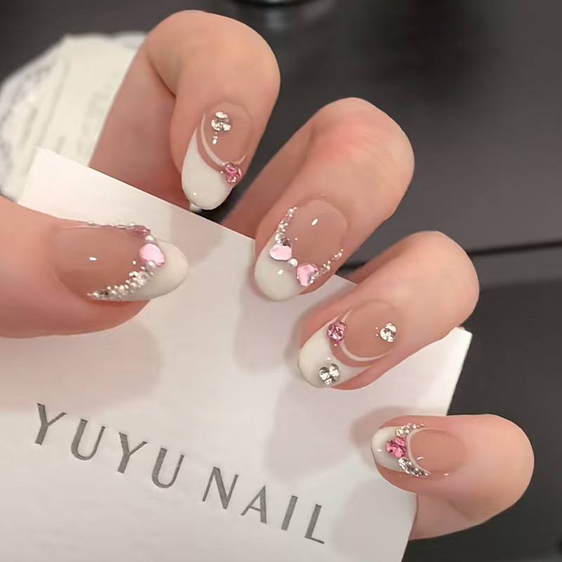 10Pcs White French Pink Heart  - đánh giá và giá Nail Art Press On