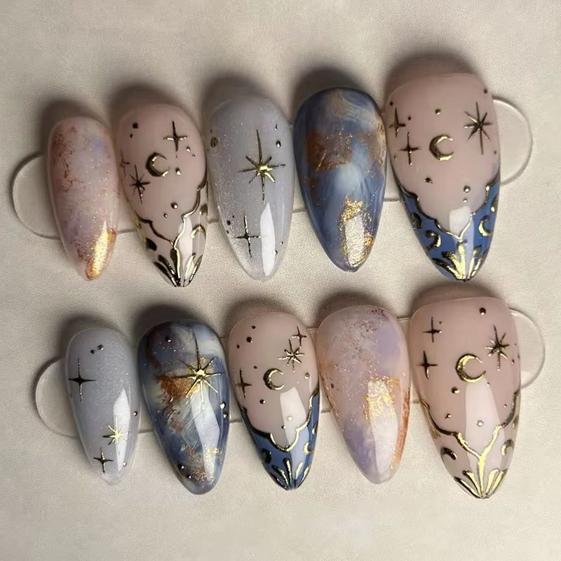 24Pcs Short Almond Nails Set F - đánh giá và giá Nail Art Gliter